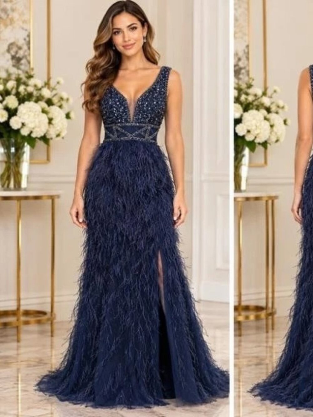 Sophia Thomas Blue Sequin Glitter Feather Plunge Mesh V-Neck Gown